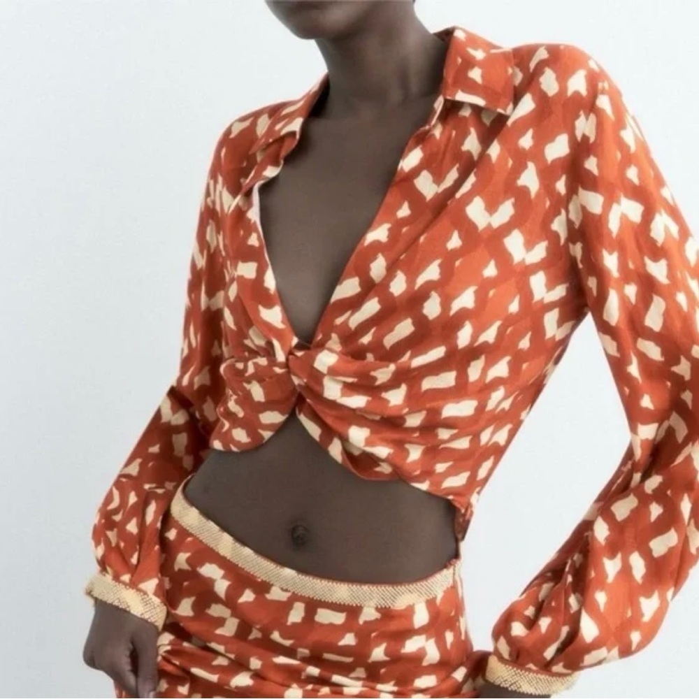 ZARA Linen Blend Print Boho Long Sleeve Top in Terracotta Size XS NWT